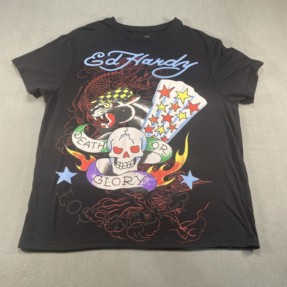 Ed Hardy Mens Graphic Tee Death or Glory Black Large Skull Grunge Skater Goth